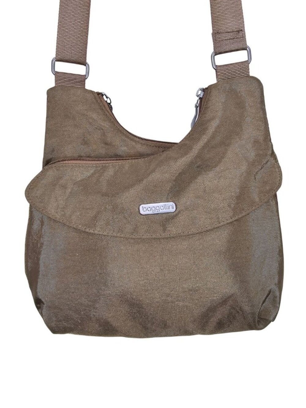 Baggallini Crossbody Bag Bronze Khaki Shimmer Nylon 4 Compartments Travel Purse